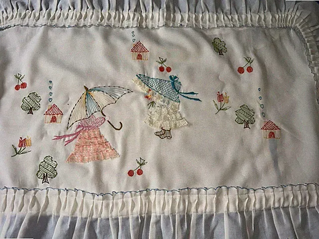 2 Pillow Shams-Girls, Umbrellas, Flowers, Fruit, Embroidered, Ruffled