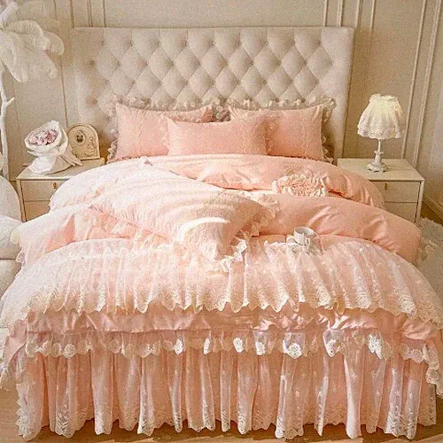 4Pcs Pink Romantic Princess Style Bedding Set Lace Ruffles Duvet Cover Bed Skirt