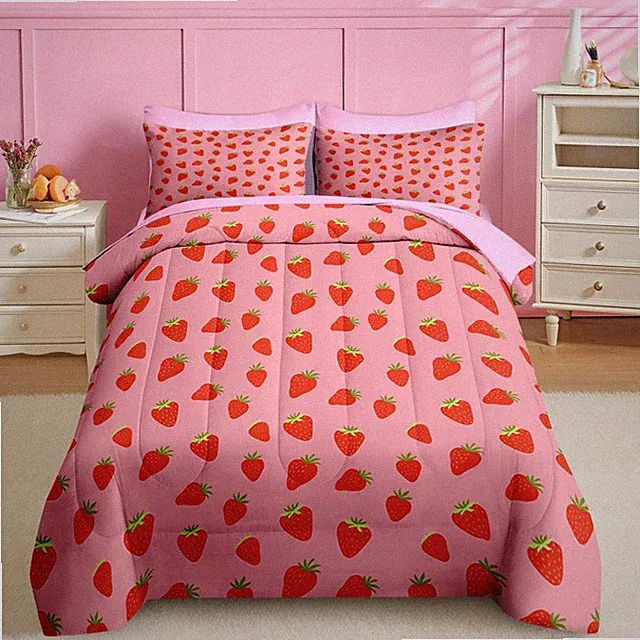 5 Pcs Comforter Set Twin Size, Sweet Pink Fruit Bedding for Teen, Cute Strawb...