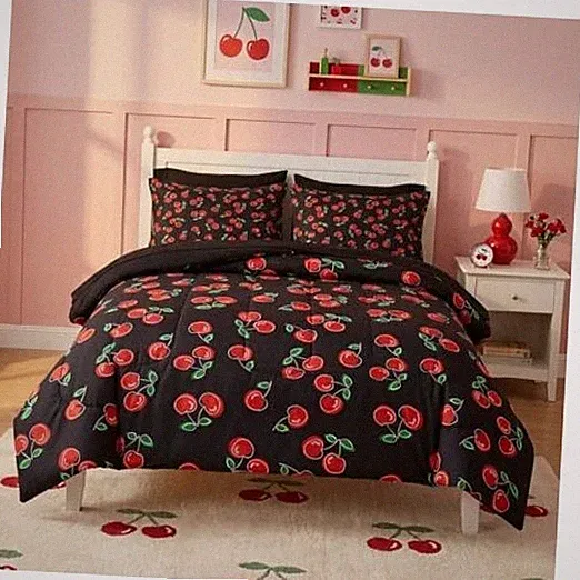 7 Pcs Comforter Set Size, Red and Black Bedding for Kids Queen Cherry Fruit
