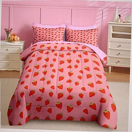 7 Pcs Comforter Set Size, Sweet Pink Fruit Bedding for Queen Pink Strawberry