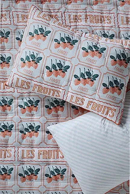 Anthropologie The Printed Textured Cotton Pillow Shams Set of 2 Les Fruits King