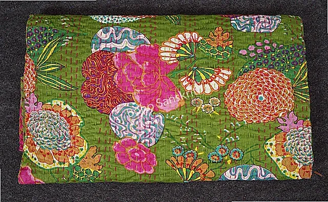 Bohemian fruit print Queen size quilt Indian kantha blanket organic cotton throw
