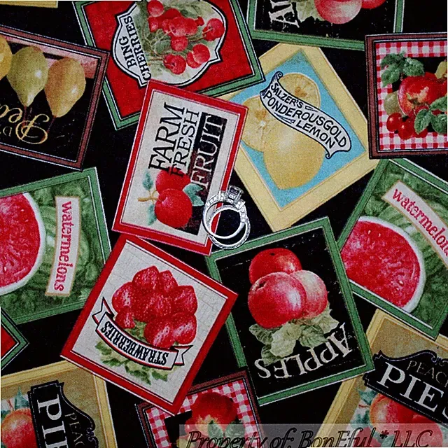 BonEful Fabric FQ Cotton Quilt Black Red Fruit Farm Lemon Pear Cherry Watermelon