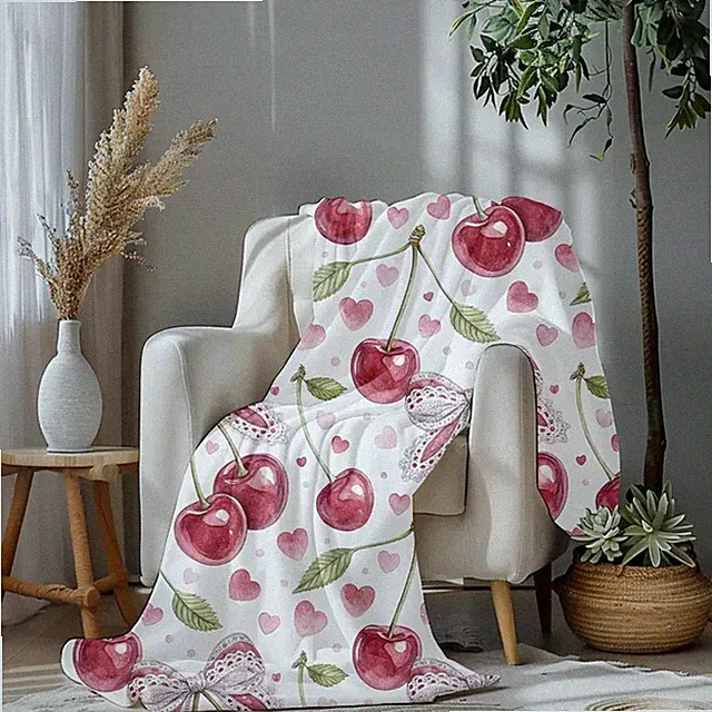 Cherry Bow Velveteen Plush Blanket Cute Fruit Aesthetic