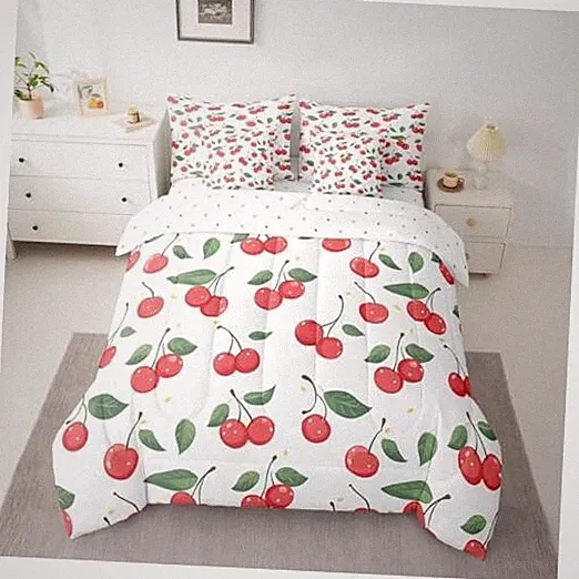 Cherry Comforter Set with Sheets Fruit Bed in a Bag for Boys Girls Twin White
