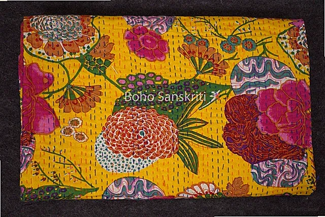Cotton Indian Kantha Bedspread Fruit Print Boho Hippie Blankets Handamde Quilts