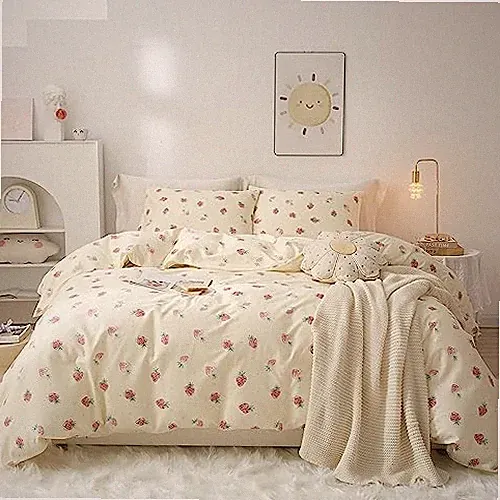 Cute Strawberry Duvet Cover Full 3 Pieces Full (80" x 90") Cream Strawberry
