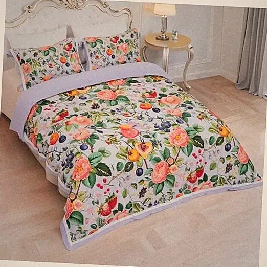 Fruit Floral Duvet Cover Set Size - 3PC White Botanical Bedding in Queen P16