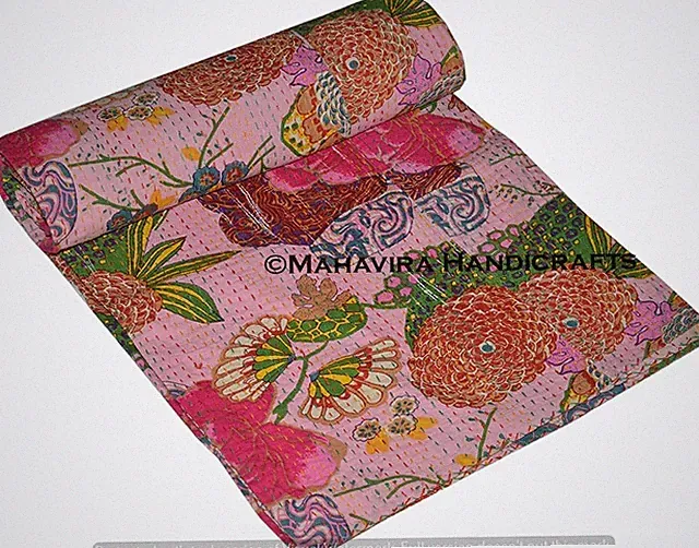 Fruit Print Cotton Baby Pink Kantha Quilt Coverlet Boho Queen Size Bedspread