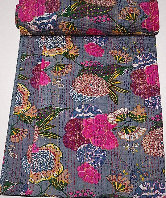 Fruit Print Kantha Quilt Bedspread Gray Queen Handmade Throw Blanket Bedcover