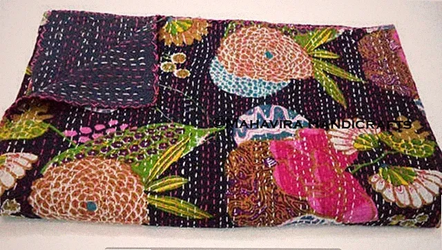 Fruit Print Pure Cotton Black Kantha Quilt Coverlet Boho Twin Size Bedspread