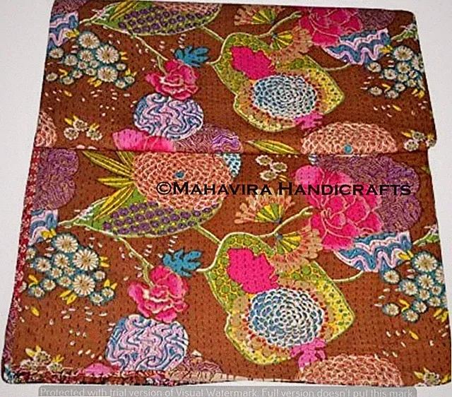 Fruit Print Pure Cotton Brown Kantha Quilt Coverlet Boho Twin Size Bedspread