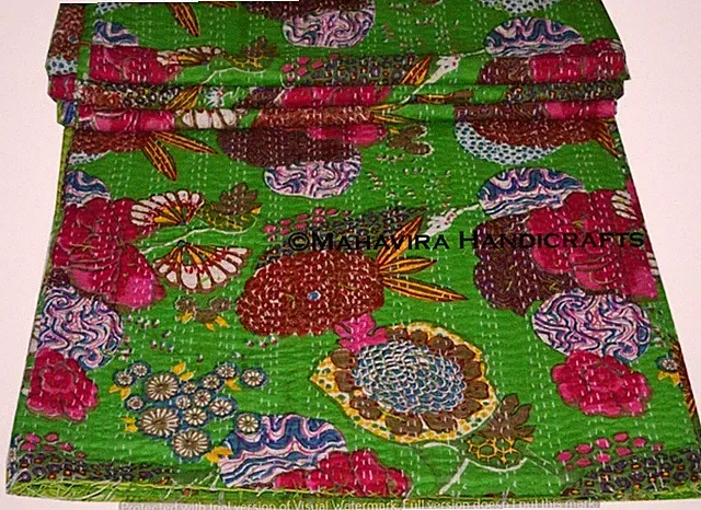 Fruit Print Pure Cotton Light Green Kantha Quilt Coverlet Twin Size Bedspread