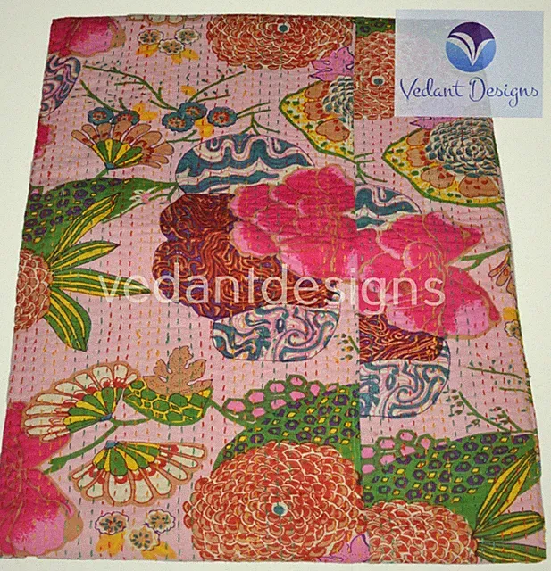 Indian Embroidery Kantha Quilt Bedspread Fruit Print Throw Cotton Pink