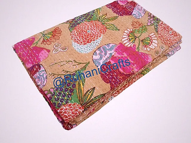 Indian Handmade Beige Fruits Printed kantha Quilt Blanket Gudari Bedspreads