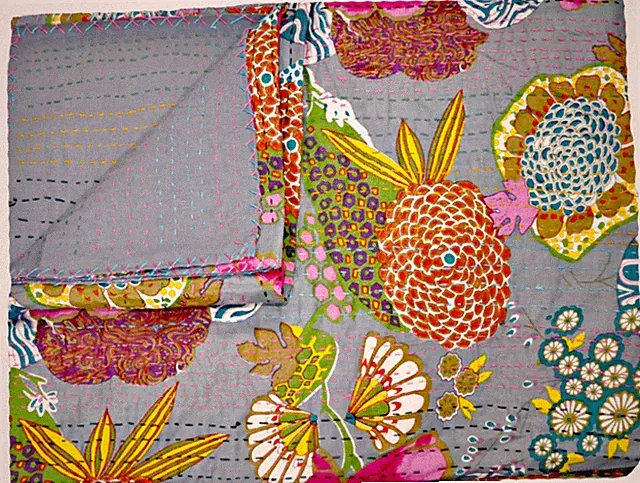 Indian Handmade Cotton Kantha Quilt Fruit Print King Size Bedspread Throw Blanke