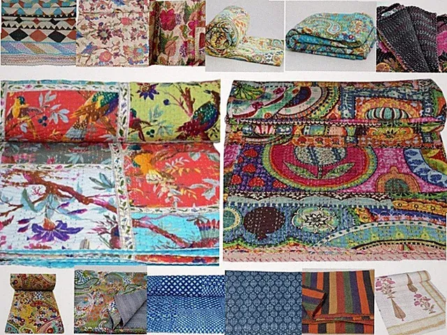 Indian Handmade Cotton Kantha Quilt Throw Blanket Mix Queen/Twin Kantha Quilt