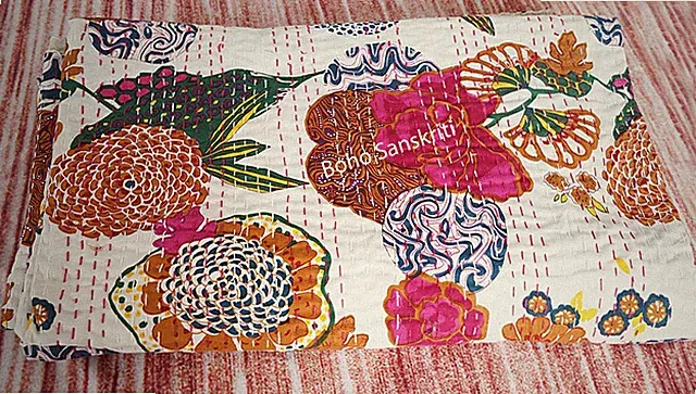 Indian Handmade Cotton Quilt Ethnic Fruit Print Kantha Blanket King Couch Cover