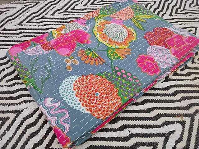 Indian Handmade Fruits Printed Queen size Kantha Quilt Throw Blanket Bedspread