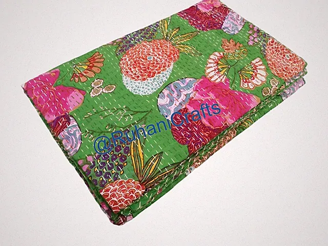 Indian Handmade green Fruits Printed kantha Quilt Blanket Gudari Bedspreads