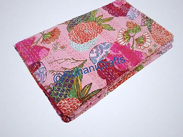 Indian Handmade pink Fruits Printed kantha Quilt Blanket Gudari Bedspreads