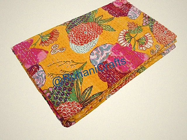 Indian Handmade yellow Fruits Printed kantha Quilt Blanket Gudari Bedspreads