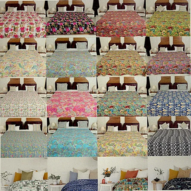 Indian Kantha Quilt Floral Print Twin & Queen Block Printed Winter Bedspread US