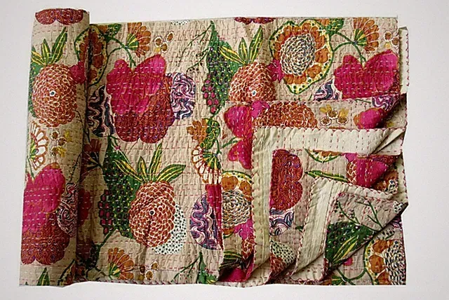 Indian Twin Fruit Print Beige Blanket Cotton Dorm Decor Kantha Quilt Boho Gudari