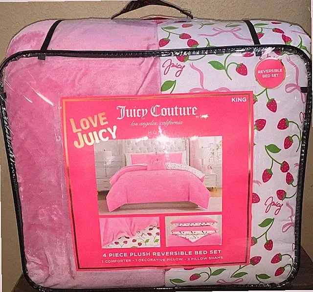 Juicy Couture KING 4pc Reversible Comforter Set Plush Pink/Strawberries & Bows