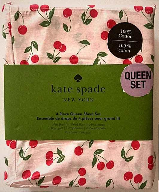 KATE SPADE Cherry Toss Pink Cherry Print 100% Cotton 4 pc Queen Sheet Set NWT