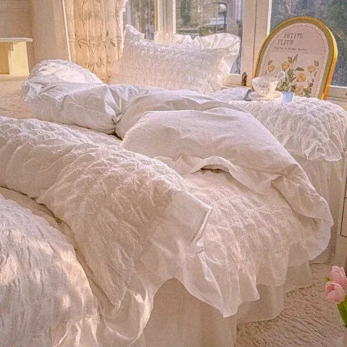 Korean Princess Style Lace Ruffles Bedding Set Soft Seersucker Duvet Cover Set