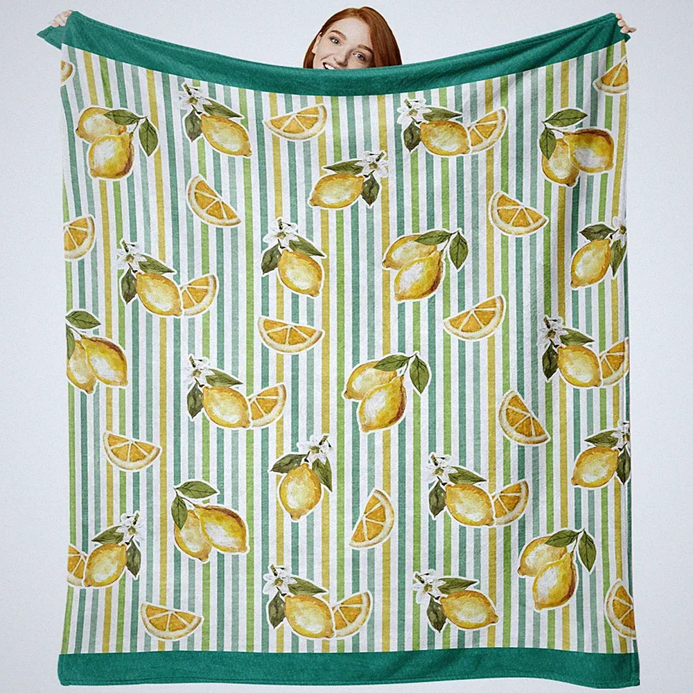 Lemon Theme Flannel Throw Blanket Citrus Slice Fruit Yellow Green 50x60 Inch