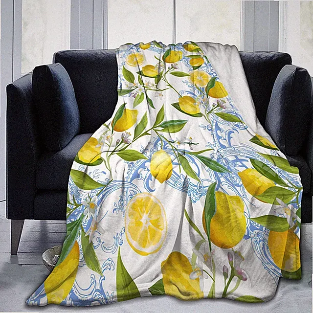 Lemon Throw Blanket 60x50" Yellow Tropic Fruits Print for Home Living Room