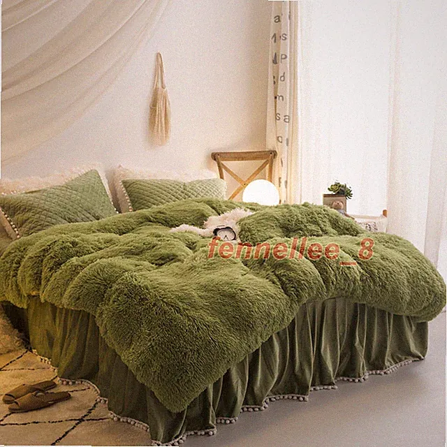 Luxury Fruit Green Plush Fluffy Mink Velvet Duvet Cover Qui Stitched Bedding Set