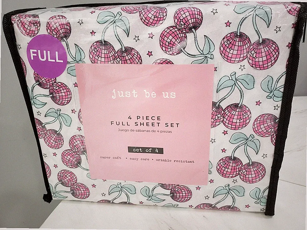 NEW Disco Ball CHERRY print bed sheets full size girl bedroom pink fruit girly
