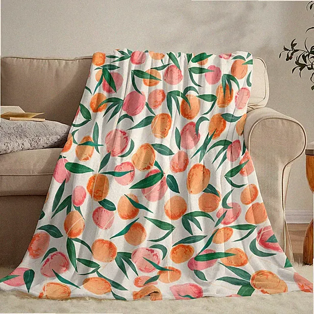 Peach Fleece Throw Blanket, Allover Cute Bright Colorful Fruits Design Cozy D...