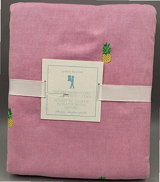 Pottery Barn Kids Oxford Embroidered Pineapple Duvet Cover Pink Full Queen #N9