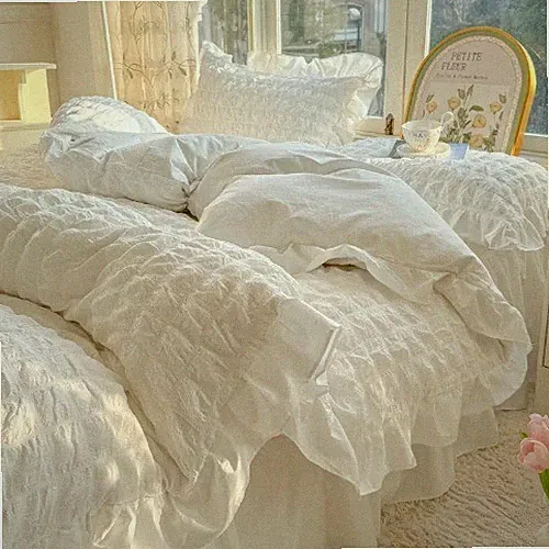 Princess Style Lace Ruffles Bedding Set Skin-friendlySoft Seersucker Duvet Cover