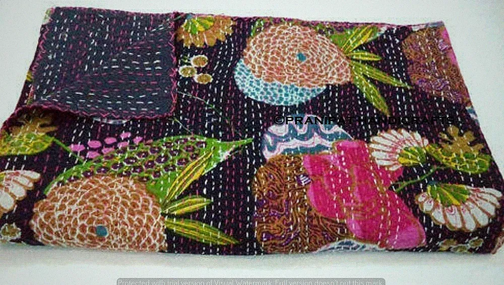 Queen Fruit Print Black Summer Kantha Quilt Boho Cotton Home Dorm D?cor Blanket