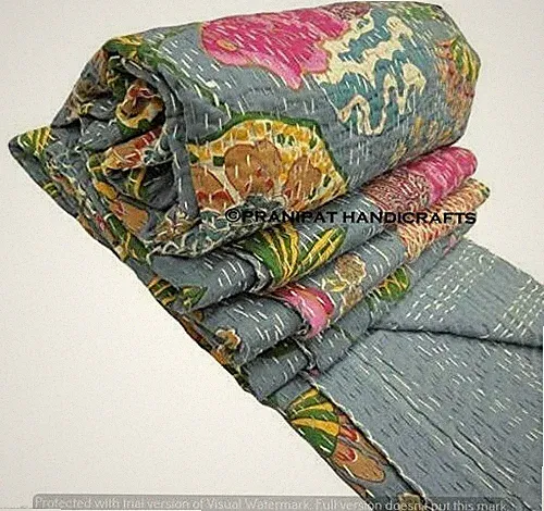 Queen Fruit Print Gray Summer Kantha Quilt Boho Cotton Home Dorm D?cor Blanket