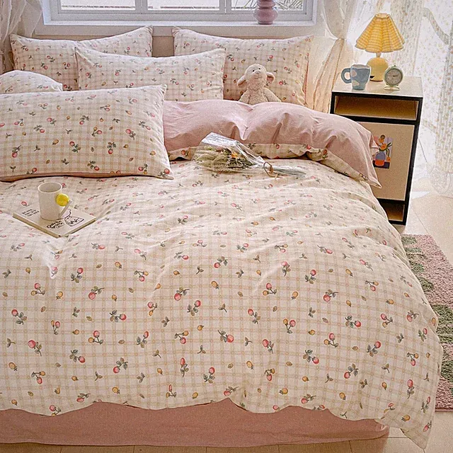 Strawberry Duvet Cover Set Twin 100% Cotton Bedding Red Yellow Fruit Floral F...
