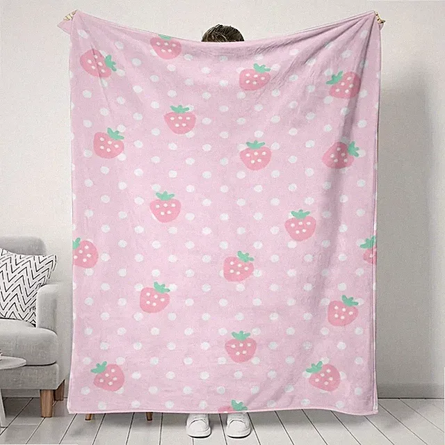 Strawberry Print Flannel Blanket Soft Cozy Throw Sofa Bed Camping