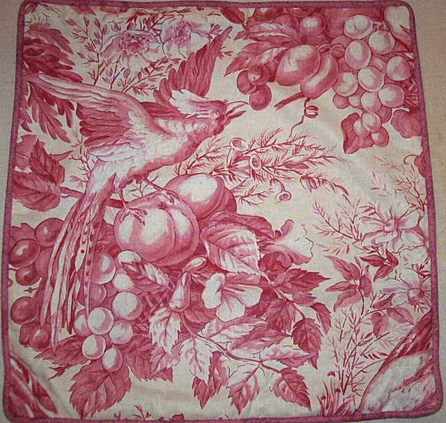 Toile Pillow Sham~Red Bird + Fruit Print~Button Close~14" X 14"