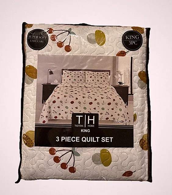 Traditional Home KING 3PC Quilt Coverlet Set Shams Autumn Fruits Pattern White