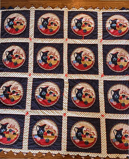 Vintage Handmade Appliqué Quilt Blanket Calico Fruit Basket Farmhouse 64x64