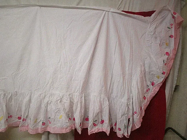 Vintage Pottery Barn Kids Bedskirt pink gingham with embroidered fruit